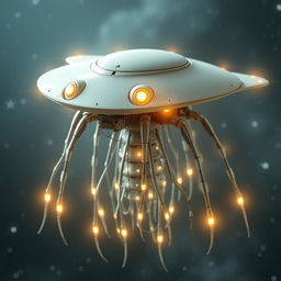 A futuristic flying robotic jellyfish-like creature, featuring a flat disk-shaped head with eyes reminiscent of a Stalk-eyed fly