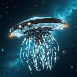 A futuristic flying robotic jellyfish-like creature, featuring a flat disk-shaped head with eyes reminiscent of a Stalk-eyed fly