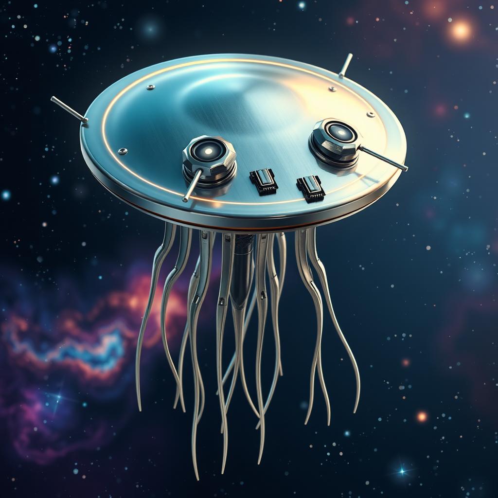 A flying metallic jellyfish-like creature, featuring a flat disk-shaped head with eyes reminiscent of a Stalk-eyed fly