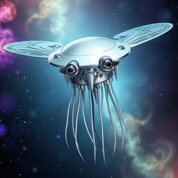 A flying metallic jellyfish-like creature, featuring a flat disk-shaped head with eyes reminiscent of a Stalk-eyed fly