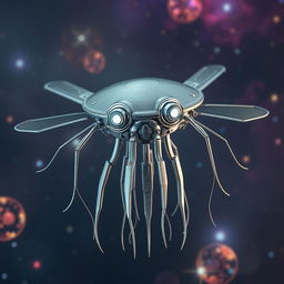 A flying metallic jellyfish-like creature, featuring a flat disk-shaped head with eyes reminiscent of a Stalk-eyed fly