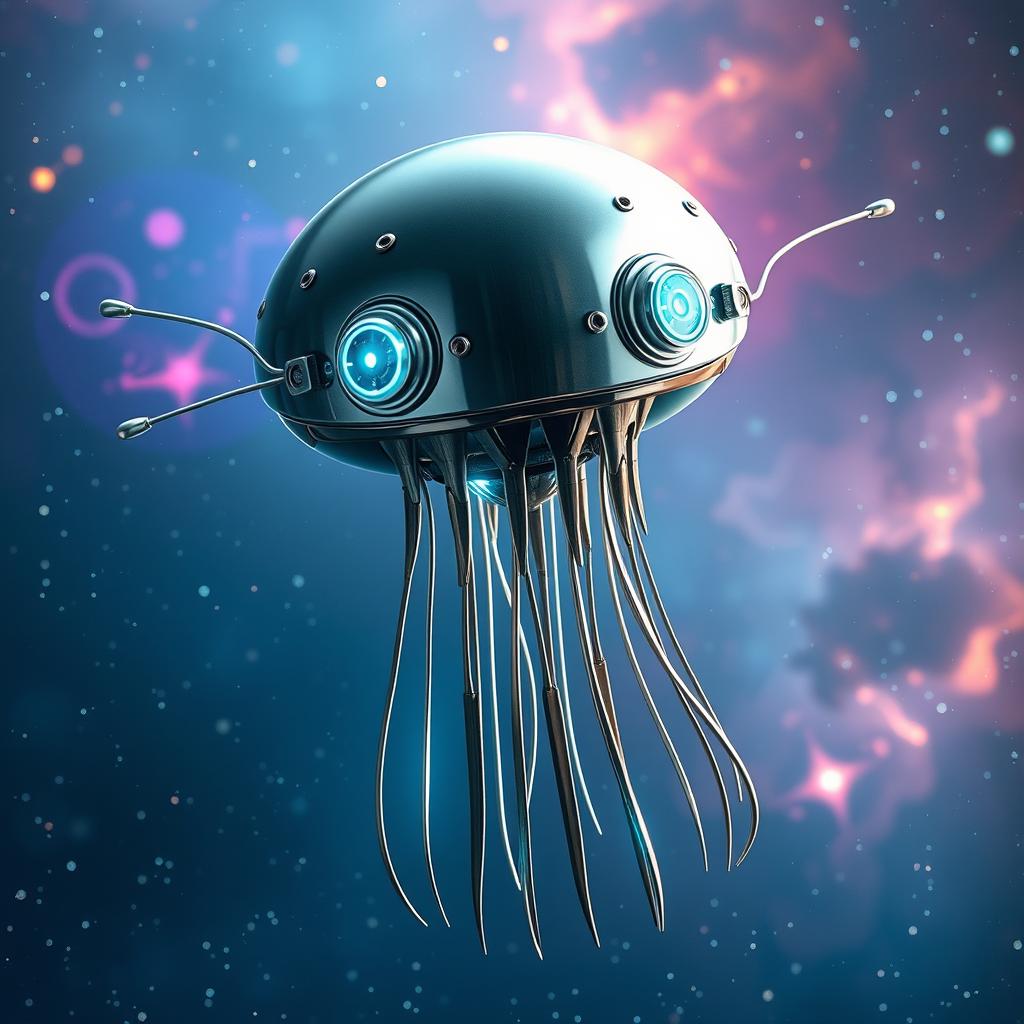 A flying metallic jellyfish-like creature, featuring a flat disk-shaped head with eyes reminiscent of a Stalk-eyed fly