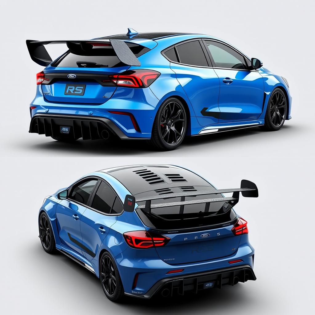 an AWD hatchback coupe inspired by the 2024 Ford Focus ST, featuring two front doors and two rear suicide doors with a seamless design lacking visible door handles