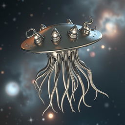 A flying metallic jellyfish-like creature with a sleek, flat disk-shaped head