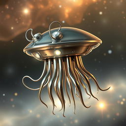 A flying metallic jellyfish-like creature with a sleek, flat disk-shaped head