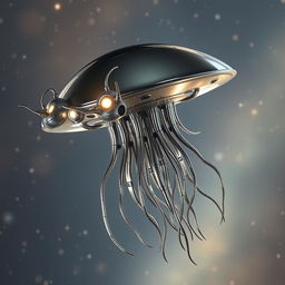 A flying metallic jellyfish-like creature with a sleek, flat disk-shaped head