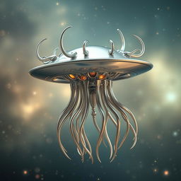 A flying metallic jellyfish-like creature with a sleek, flat disk-shaped head