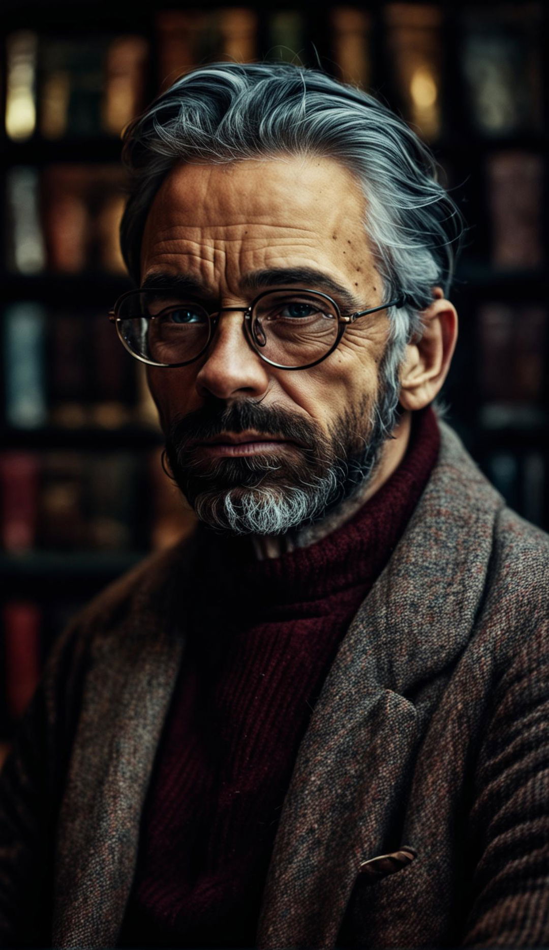 A detailed digital portrait of a middle-aged man with blue eyes and a mix of black and silver hair. He wears glasses, a tweed jacket over a burgundy turtleneck sweater.