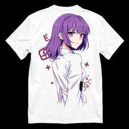 A white t-shirt featuring a detailed and vibrant illustration of the character Kamishiro Rize from "Tokyo Ghoul" on the back