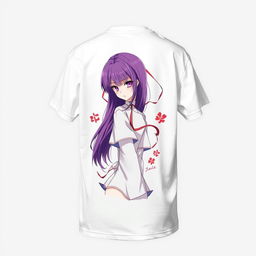 A white t-shirt featuring a detailed and vibrant illustration of the character Kamishiro Rize from "Tokyo Ghoul" on the back