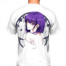 A white t-shirt featuring a detailed and vibrant illustration of the character Kamishiro Rize from "Tokyo Ghoul" on the back