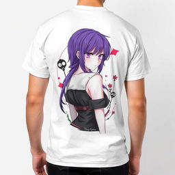 A white t-shirt featuring a detailed and vibrant illustration of the character Kamishiro Rize from "Tokyo Ghoul" on the back