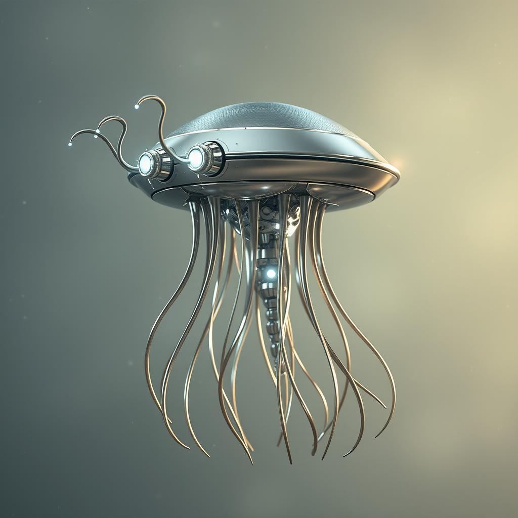 A flying metallic jellyfish-like creature with a flat disk-shaped head