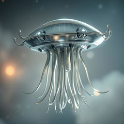 A flying metallic jellyfish-like creature with a flat disk-shaped head