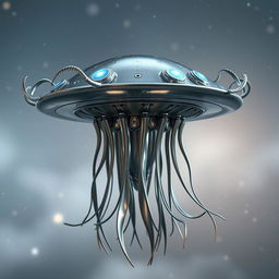 A flying metallic jellyfish-like creature with a flat disk-shaped head