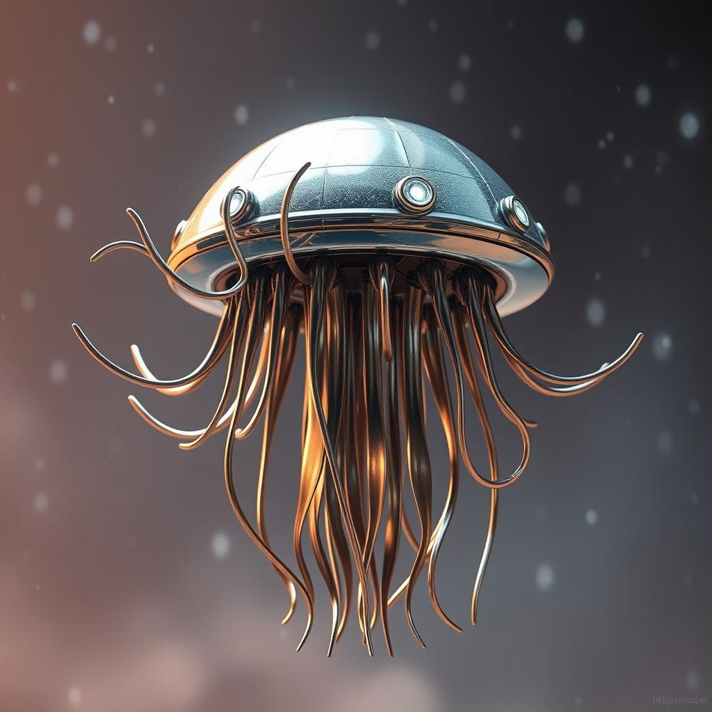 A flying metallic jellyfish-like creature with a flat disk-shaped head