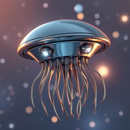 A flying metallic jellyfish-like creature with a sleek, flat disk-shaped head