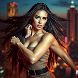 A beautiful, confident woman with long flowing hair and captivating eyes, striking a dynamic pose that exudes energy and allure