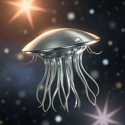 A flying metallic jellyfish-like creature with a sleek, flat disk-shaped head