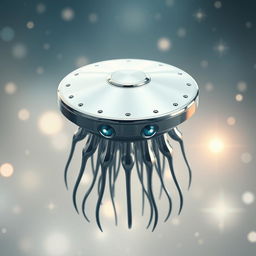 A flying metallic jellyfish-like creature with a sleek, flat disk-shaped head