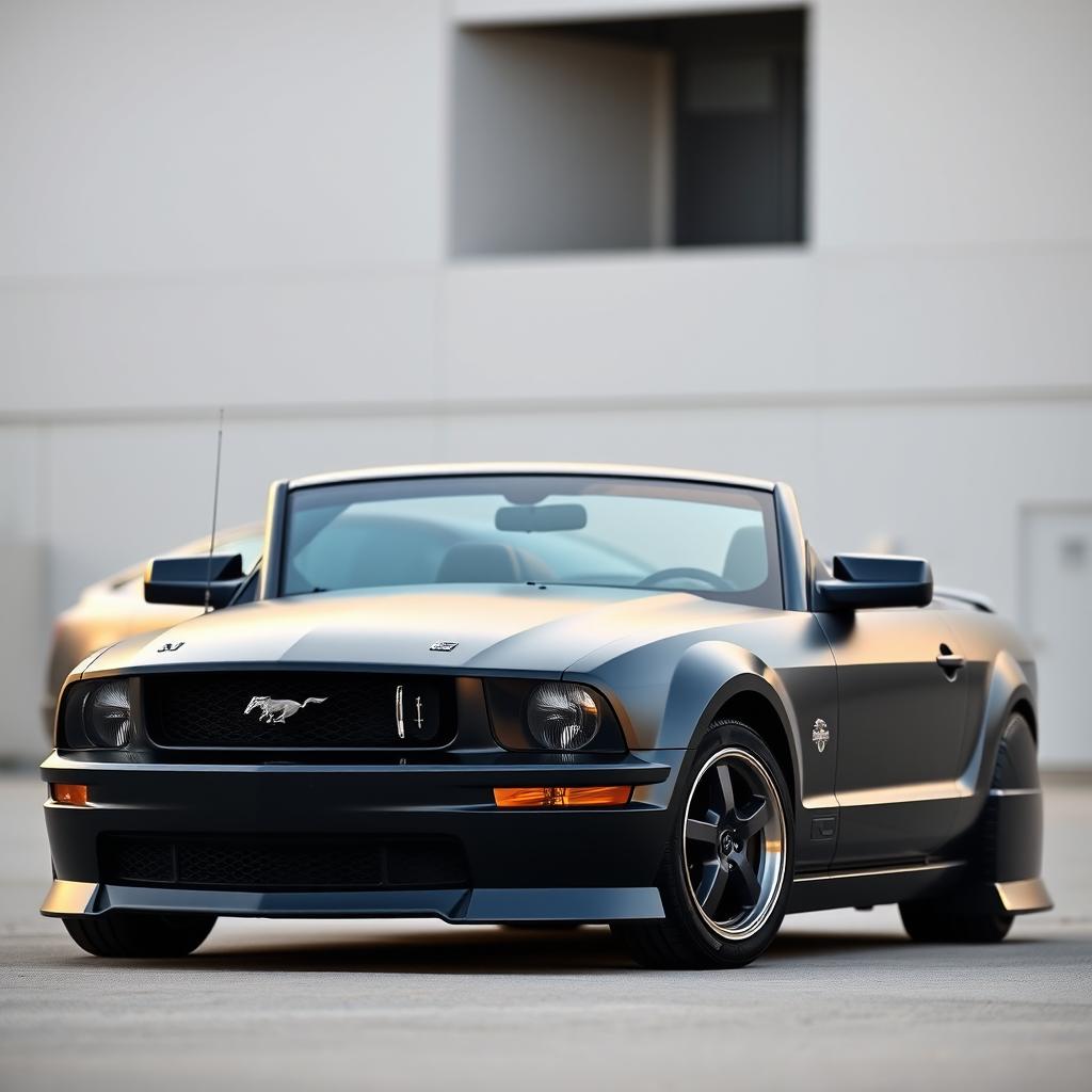 A satin black 2005 Ford Mustang in a sleek and polished setting, showcasing its aerodynamic lines and classic muscle car design