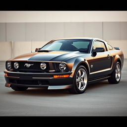 A satin black 2005 Ford Mustang in a sleek and polished setting, showcasing its aerodynamic lines and classic muscle car design