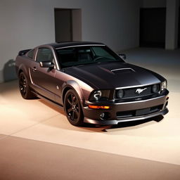 A satin black 2005 Ford Mustang in a sleek and polished setting, showcasing its aerodynamic lines and classic muscle car design