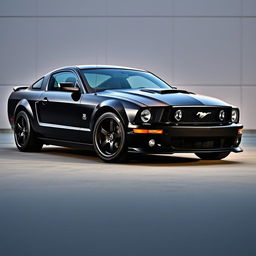 A satin black 2005 Ford Mustang in a sleek and polished setting, showcasing its aerodynamic lines and classic muscle car design