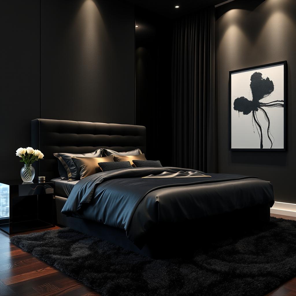 A sophisticated black-themed bedroom with an elegant and contemporary aesthetic