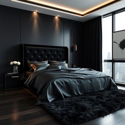 A sophisticated black-themed bedroom with an elegant and contemporary aesthetic