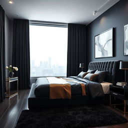 A sophisticated black-themed bedroom with an elegant and contemporary aesthetic