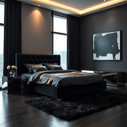 A sophisticated black-themed bedroom with an elegant and contemporary aesthetic