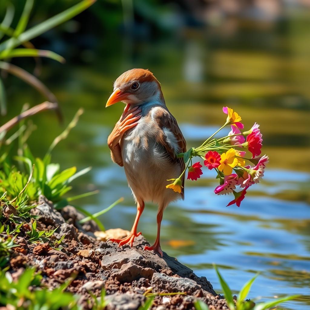 A sparrow is standing on the bank of a river, diligently preening its wings