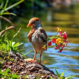 A sparrow is standing on the bank of a river, diligently preening its wings