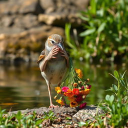 A sparrow is standing on the bank of a river, diligently preening its wings