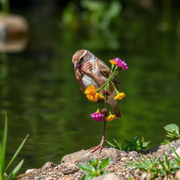 A sparrow is standing on the bank of a river, diligently preening its wings