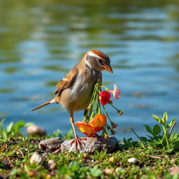 A sparrow is standing on the bank of a river, diligently preening its wings