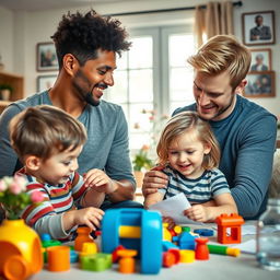 A heartwarming scene depicting two gay men, one with an olive skin tone and curly black hair and the other with fair skin and blonde hair, lovingly raising two children: a boy and a girl