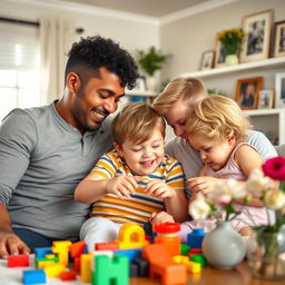 A heartwarming scene depicting two gay men, one with an olive skin tone and curly black hair and the other with fair skin and blonde hair, lovingly raising two children: a boy and a girl