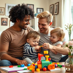 A heartwarming scene depicting two gay men, one with an olive skin tone and curly black hair and the other with fair skin and blonde hair, lovingly raising two children: a boy and a girl