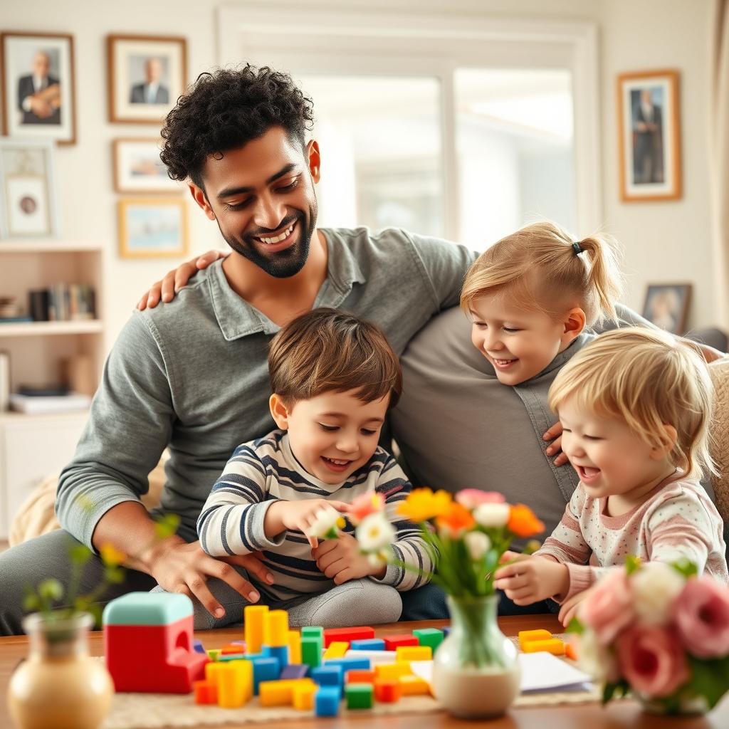 A heartwarming scene depicting two gay men, one with an olive skin tone and curly black hair and the other with fair skin and blonde hair, lovingly raising two children: a boy and a girl