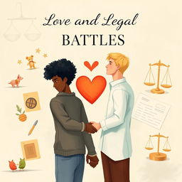 A captivating book cover design illustrating the theme of love and legal battles, featuring two gay men represented abstractly with a blend of soft and bold colors