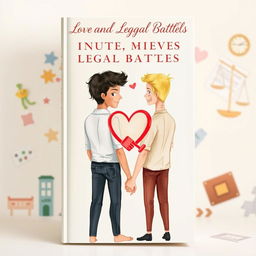 A captivating book cover design illustrating the theme of love and legal battles, featuring two gay men represented abstractly with a blend of soft and bold colors