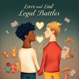 A captivating book cover design illustrating the theme of love and legal battles, featuring two gay men represented abstractly with a blend of soft and bold colors