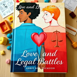 A captivating book cover design illustrating the theme of love and legal battles, featuring two gay men represented abstractly with a blend of soft and bold colors