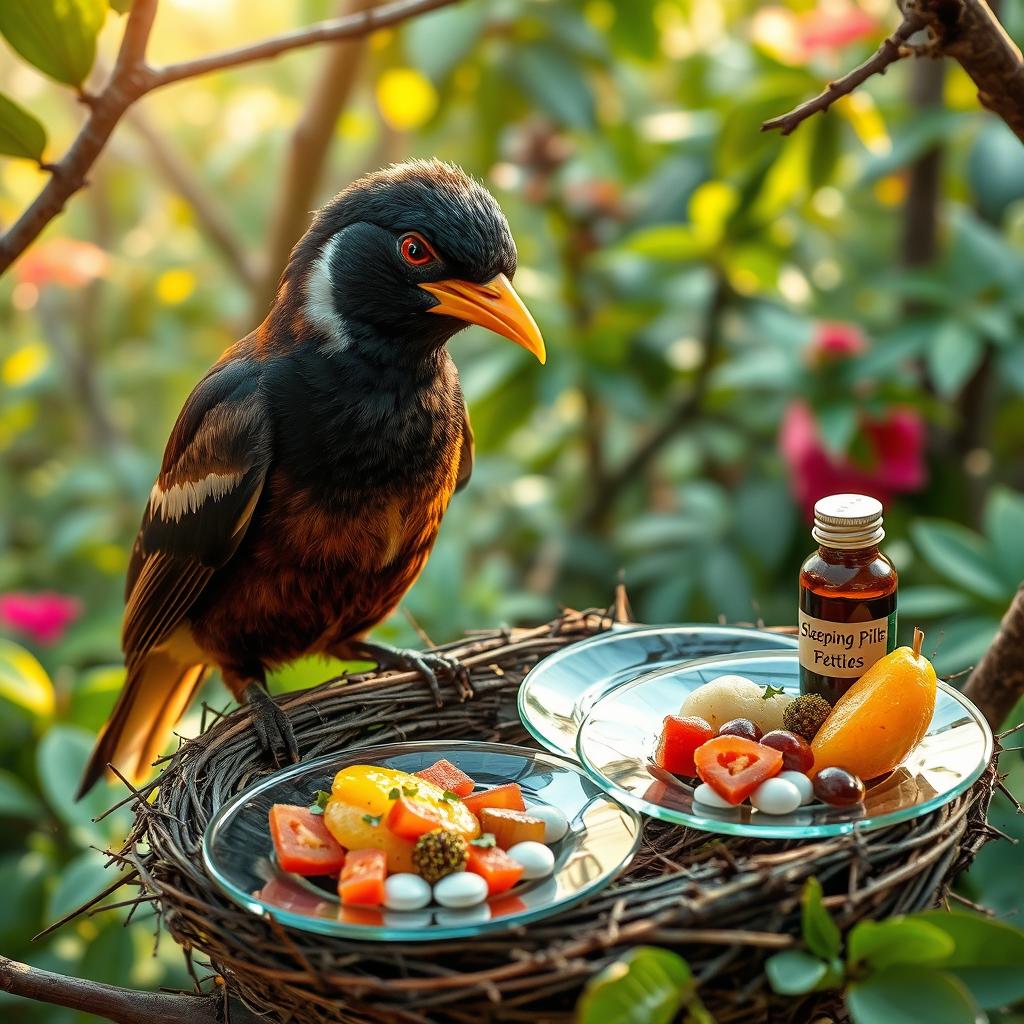 A Myna bird perched in its nest, meticulously arranging a variety of colorful foods on elegant glass plates