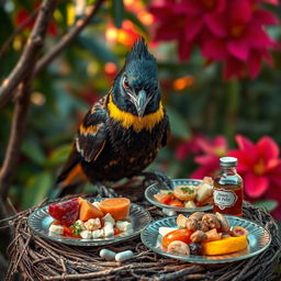 A Myna bird perched in its nest, meticulously arranging a variety of colorful foods on elegant glass plates