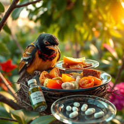 A Myna bird perched in its nest, meticulously arranging a variety of colorful foods on elegant glass plates