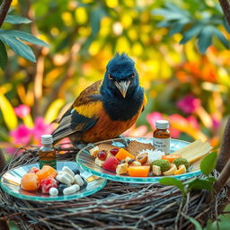 A Myna bird perched in its nest, meticulously arranging a variety of colorful foods on elegant glass plates