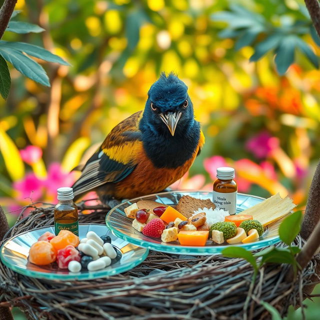 A Myna bird perched in its nest, meticulously arranging a variety of colorful foods on elegant glass plates